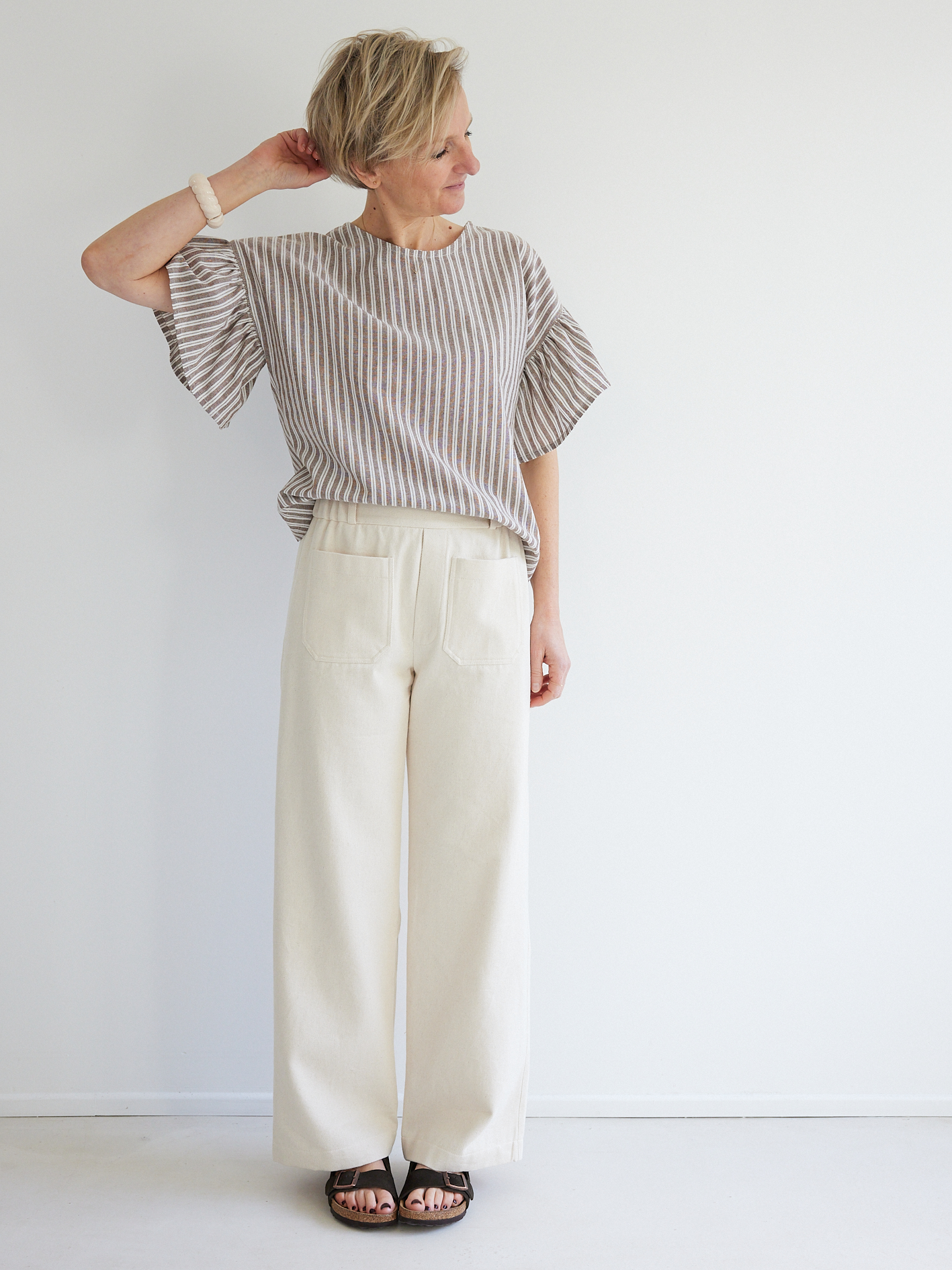 KIT À COUDRE - la blouse à volants en lin/coton rayé cassis